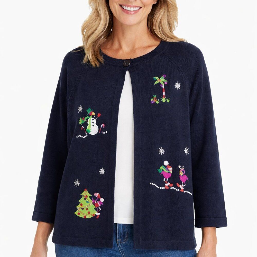 Crystal Kobe Christmas Holiday Flamingo Cardigan Sweater Size XL
